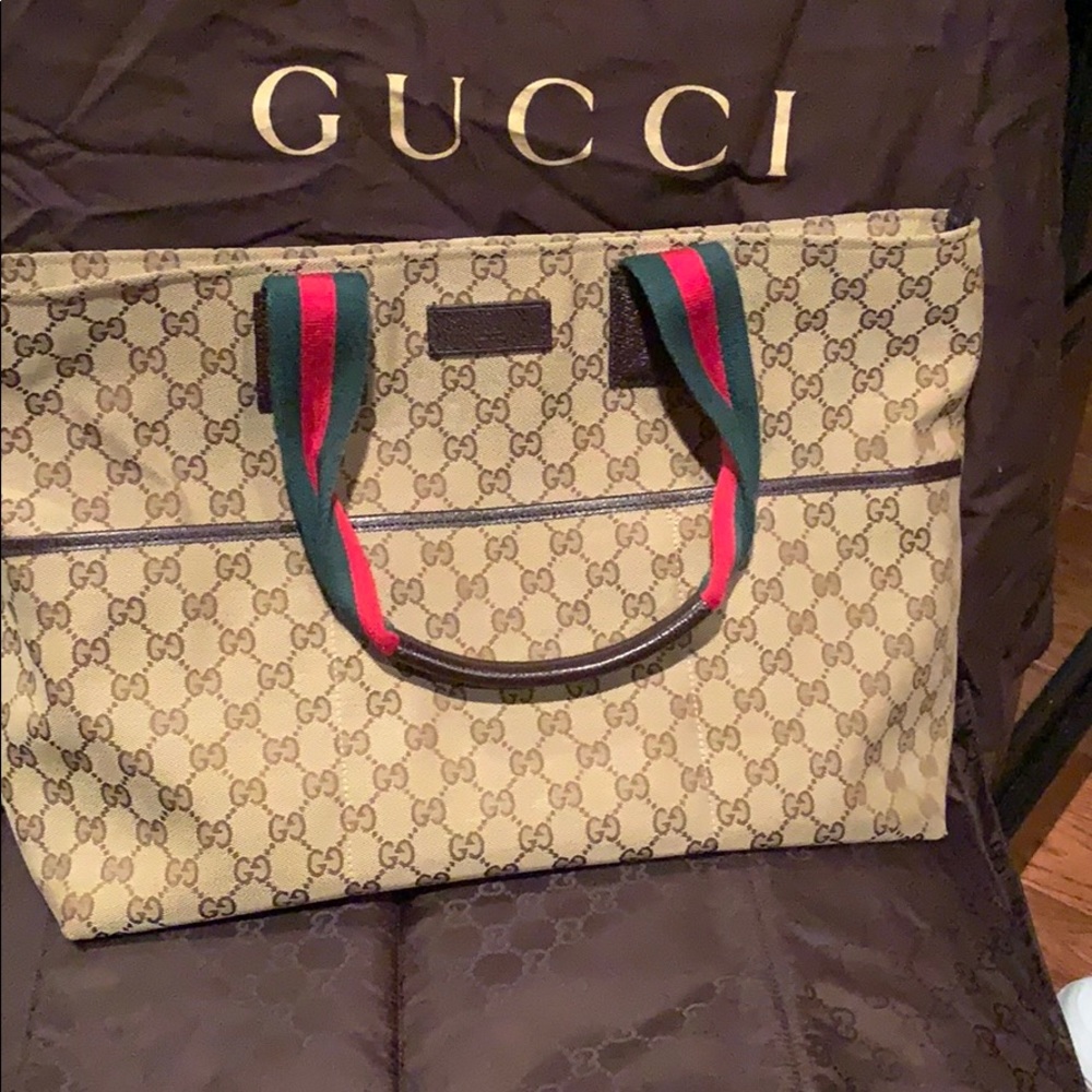 GUCCI Beige/Ebony GG Canvas Diaper Bag Tote Bag